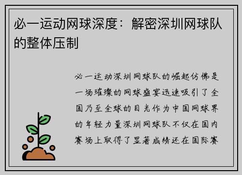 必一运动网球深度：解密深圳网球队的整体压制