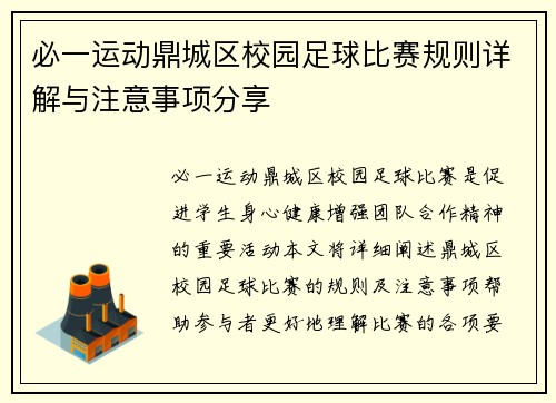 必一运动鼎城区校园足球比赛规则详解与注意事项分享