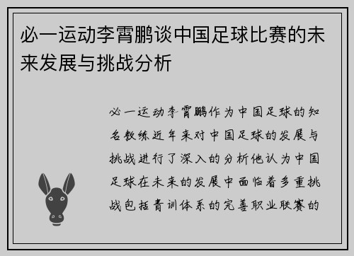 必一运动李霄鹏谈中国足球比赛的未来发展与挑战分析