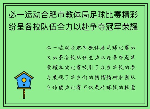 必一运动合肥市教体局足球比赛精彩纷呈各校队伍全力以赴争夺冠军荣耀